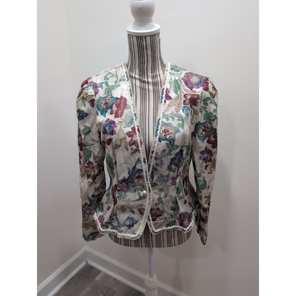 Vtg. Nah Nah Collection Blazer Floral Tapestry White Pearl Trim 8 Petite Cottage
